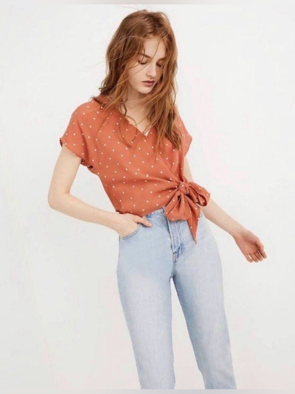 EUC Madewell Sash Tie Wrap Polka Dot Pink Peach Blouse size small